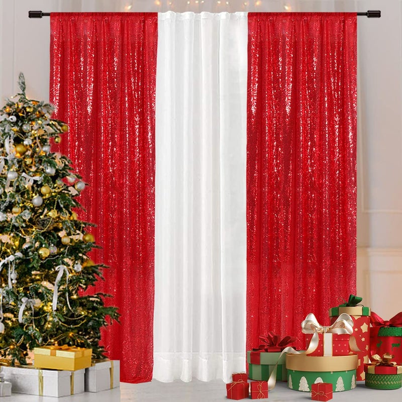 SquarePie Sequin Curtain Backdrop 2FT x 8FT Red 2pcs Background for Wedding Party Christmas - Image 2